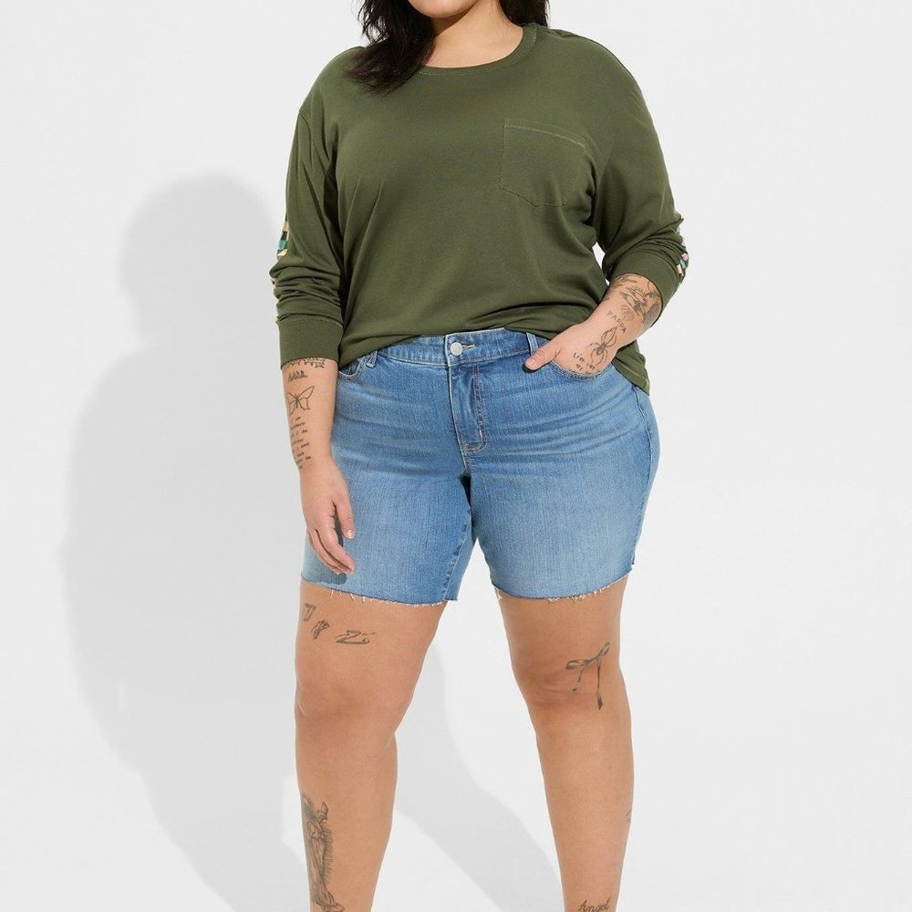 Torrid Burmuda Denim Shorts Raw Edge Hem